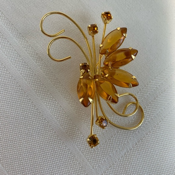 Vintage Amber Rhinestone Brooch Pin Gold Tone Large Marquise Small Square - Picture 12 of 12